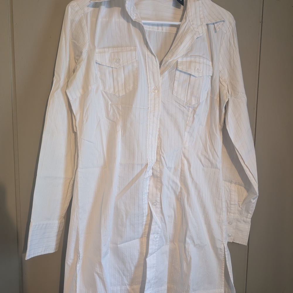 New York & Company Beige Pinstripe Blouse